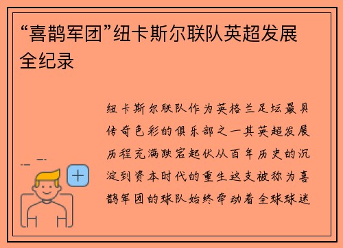 “喜鹊军团”纽卡斯尔联队英超发展全纪录