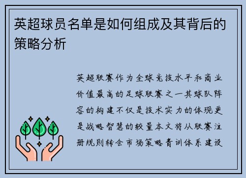 英超球员名单是如何组成及其背后的策略分析